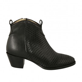 Stivaletto da donna con cerniera in pelle e pelle forata nera tacco 5 - Misure disponibili: 33, 34, 44, 45, 46