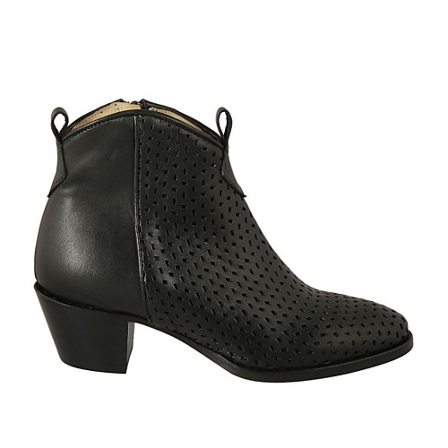 Botines para mujer con cremallera en piel y piel perforada negra tacon 5 - Tallas disponibles:  45