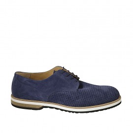 Scarpa derby da uomo stringata in camoscio e camoscio forato blu - Misure disponibili: 47, 48, 49, 50