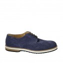 Laced men's derby shoe in blue suede and pierced suede
