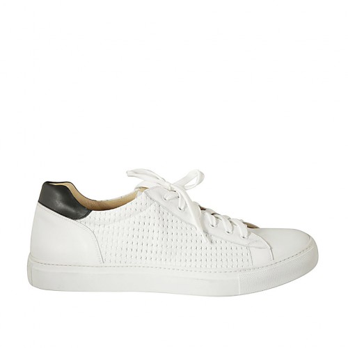 Scarpa stringata da uomo con plantare estraibile in pelle e pelle intrecciata bianca e nera - Misure disponibili: 47, 48, 49, 50