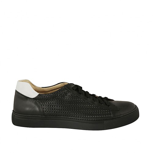 Zapato para hombre con cordones y plantilla extraible en piel y piel trensada negra y blanca - Tallas disponibles:  47, 48, 50