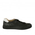 Man's laced shoe with removable insole in black and white leather and braided leather