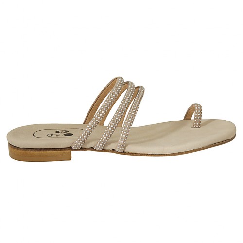 Sabot infradito con borchie da donna in pelle beige tacco 1 - Misure disponibili: 33, 34, 42, 43, 44