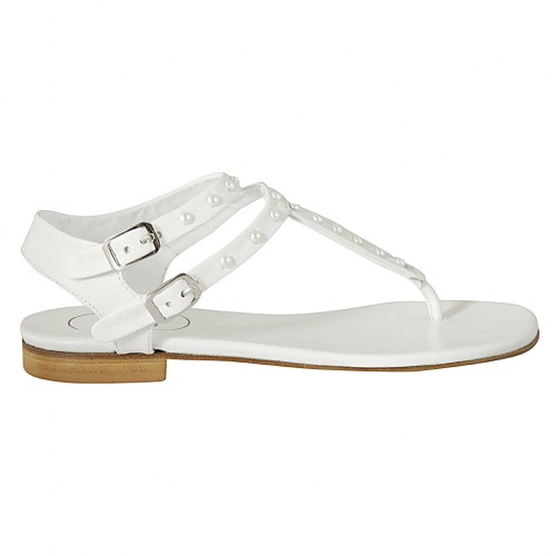 Woman's thong sandal with straps and pearls in white leather heel 1 - Available sizes:  33, 43, 44