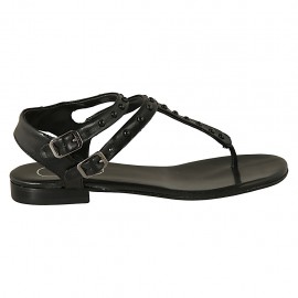 Sandalo infradito da donna con cinturini e perle in pelle nera tacco 1 - Misure disponibili: 34, 42, 43, 44
