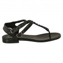 Woman's thong sandal with straps and pearls in black leather heel 1