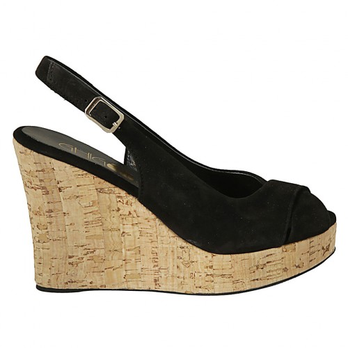 Sandale pour femmes en daim noir talon compensé 10 - Pointures disponibles:  33, 34, 42, 43, 45
