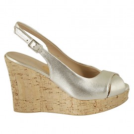 Sandale pour femmes en cuir lamé platine talon compensé 10 - Pointures disponibles:  33, 34, 42, 44, 45