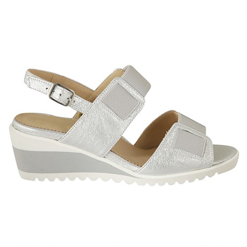 Sandalo da donna con elastici in pelle laminata argento zeppa 5 - Misure disponibili: 31, 34, 42, 43, 44, 45