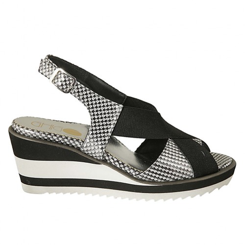 Sandalia para mujer en piel imprimida negra y laminada plateada con elastico cuña 6 - Tallas disponibles:  31, 32, 34, 42, 43, 45