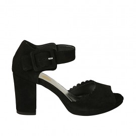 Scarpa aperta da donna con fibbia e plateau in camoscio nero tacco 7 - Misure disponibili: 31, 32, 33, 34, 42, 43, 44, 45