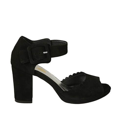 Scarpa aperta da donna con fibbia e plateau in camoscio nero tacco 7 - Misure disponibili: 32, 34, 43, 45