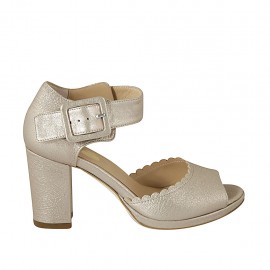 Scarpa aperta da donna con fibbia e plateau in pelle laminata champagne tacco 7 - Misure disponibili: 31, 33, 34, 42, 43, 44, 45