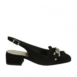Slingback für Damen mit Fransen und Kette aus schwarzem Wildleder Absatz 3 - Verfügbare Größen:  32, 33, 34, 43, 45