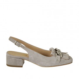 Slingback für Damen mit Fransen und Kette aus grauem Wildleder Absatz 3 - Verfügbare Größen:  33, 34, 42, 43, 45