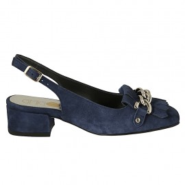Slingback für Damen mit Fransen und Kette aus blauem Wildleder Absatz 3 - Verfügbare Größen:  33, 34, 42, 45