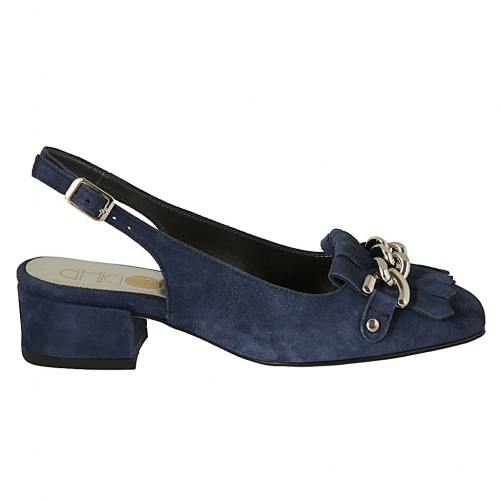 Slingback für Damen mit Fransen und Kette aus blauem Wildleder Absatz 3 - Verfügbare Größen:  33, 34, 42, 45
