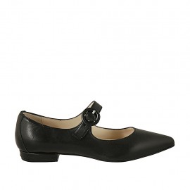 Woman's pointy ballerina with strap in black leather heel 1 - Available sizes:  42, 43