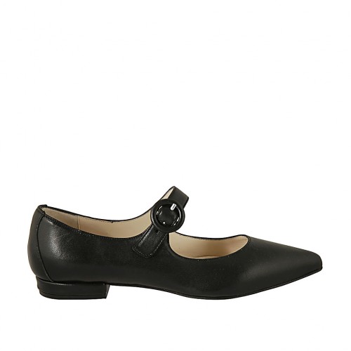 Woman's pointy ballerina with strap in black leather heel 1 - Available sizes:  42, 43
