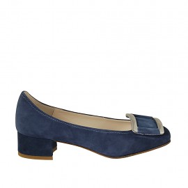 Zapato de salon para mujer con accesorio en gamuza azul tacon 3 - Tallas disponibles:  32, 33, 42, 43, 45