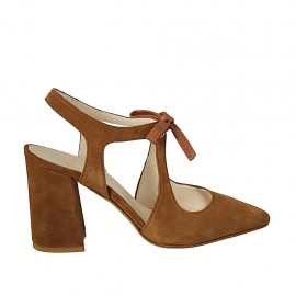 Spitzer Slingback für Damen mit Schnüren aus tabakfarbenem Wildleder Absatz 8 - Verfügbare Größen:  33, 34, 42, 43