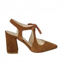 Woman's pointy slingback pump with laces in tobacco suede heel 8