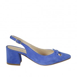 Slingback für Damen mit Schleife aus kornblumenblauem Wildleder Absatz 5 - Verfügbare Größen:  32, 33, 42, 43, 45