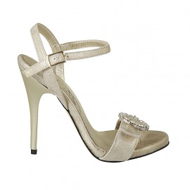 Sandalo da donna con plateau, fibbia, strass e cinturino in camoscio lavorato platino tacco 10 - Misure disponibili: 33, 34, 42, 43, 44, 45, 46, 47