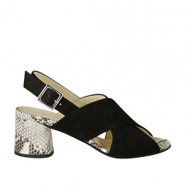 Sandalo da donna in camoscio nero e pelle stampata tacco 5 - Misure disponibili: 32, 33, 42, 43, 44, 45