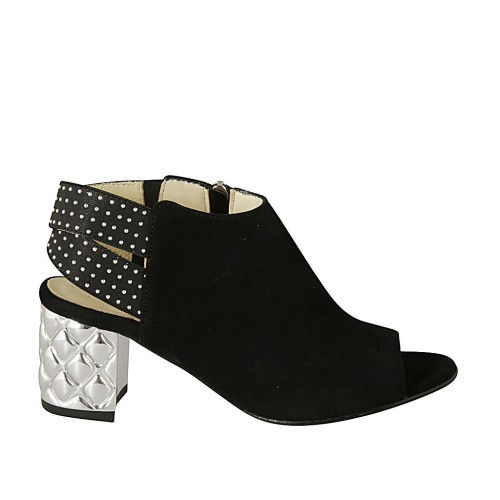 Sandale pour femmes avec fermeture éclair, elastiques et goujons en daim noir avec talon chromé 6 - Pointures disponibles:  32, 33, 34, 42, 43