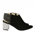 Woman's sandal with zipper, elastic bands and studs in black suede with plated heel 6