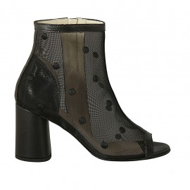 Scarpa aperta da donna con cerniera in tessuto trasparente a pois e pelle nera tacco 7 - Misure disponibili: 32, 33, 34, 42, 43, 44