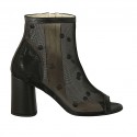 Chaussure ouverte pour femmes avec fermeture éclair en tissu transparent à pois et cuir noir talon 7