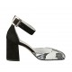 Zapato abierto para mujer con cinturon al tobillo en gamuza negra y piel blanca imprimida floreal tacon 7 - Tallas disponibles:  32, 33, 34, 42, 43, 44, 45