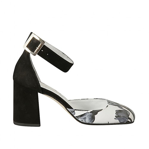 Woman's open shoe with ankle strap in black suede and floreal printed white leather heel 7 - Available sizes:  32, 33, 34, 42, 43, 44, 45
