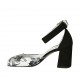Woman's open shoe with ankle strap in black suede and floreal printed white leather heel 7 - Available sizes:  32, 33, 34, 42, 43, 44, 45