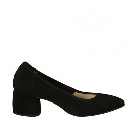 Zapato de salon a punta para mujer en gamuza negra tacon cuadrado 5 - Tallas disponibles:  32, 33, 34, 43, 44, 45
