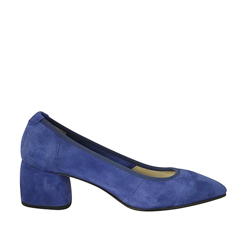 Zapato de salon a punta para mujer en gamuza azul aciano tacon 5 - Tallas disponibles:  33, 34, 43, 45