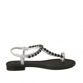 Sandalo infradito da donna con cinturino elasticizzato e perle in pelle laminata argento tacco 1 - Misure disponibili: 33, 34, 42, 43, 44, 45
