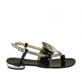 Sandalo infradito da donna con accessorio in vernice nera e pelle laminata argento tacco 1 - Misure disponibili: 33, 34, 42, 43, 44, 45