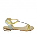 Woman's thong sandal with strap in turquoise, yellow and green laminated leather heel 1
