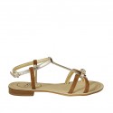 Woman's thong sandal with strap in tobacco suede and platinum laminated leather heel 1