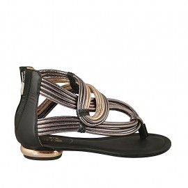 Chaussure ouverte entredoigt pour femmes avec fermeture éclair en cuir noir, lamé cuivre et gris talon 1 - Pointures disponibles:  33, 42, 43, 45
