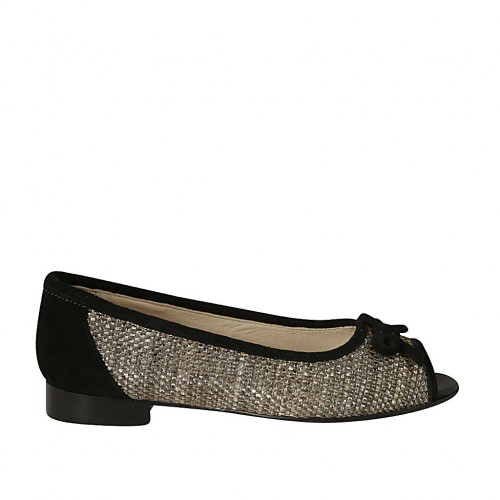 Scarpa aperta in punta con fiocco in camoscio nero e tessuto intrecciato taupe e laminato argento tacco 2 - Misure disponibili: 33, 34, 42, 43, 44, 46