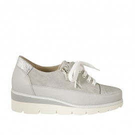 Zapato con cordones y cremallera para mujer en piel gris y plateada cuña 4 - Tallas disponibles:  34, 42, 43, 45, 46