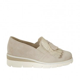 Chaussure pour femmes avec elastiques, glands et franges en daim beige et daim imprimé platine talon compensé 4 - Pointures disponibles:  33, 34, 42, 43, 44, 45, 46