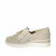 Woman's highfronted shoe with elastic bands, fringes and tassels in beige suede and platinum printed suede wedge heel 4 - Available sizes:  33, 34, 42, 43, 44, 45, 46