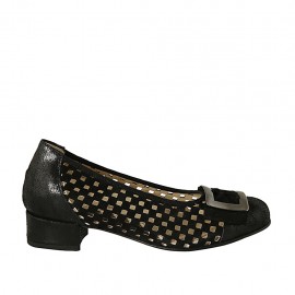 Zapato de salon con acessorio y plantilla extraible en daim perforado y piel laminada estampada negra tacon 3 - Tallas disponibles:  32, 33, 34, 43, 44