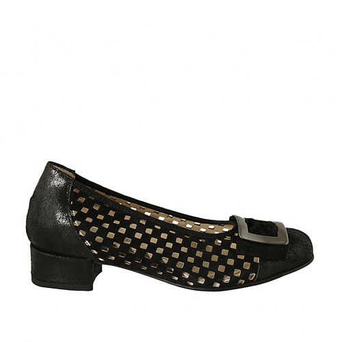 Decolté da donna con accessorio e plantare estraibile in camoscio forato e pelle stampata laminata nera tacco 3 - Misure disponibili: 32, 33, 34, 43, 44